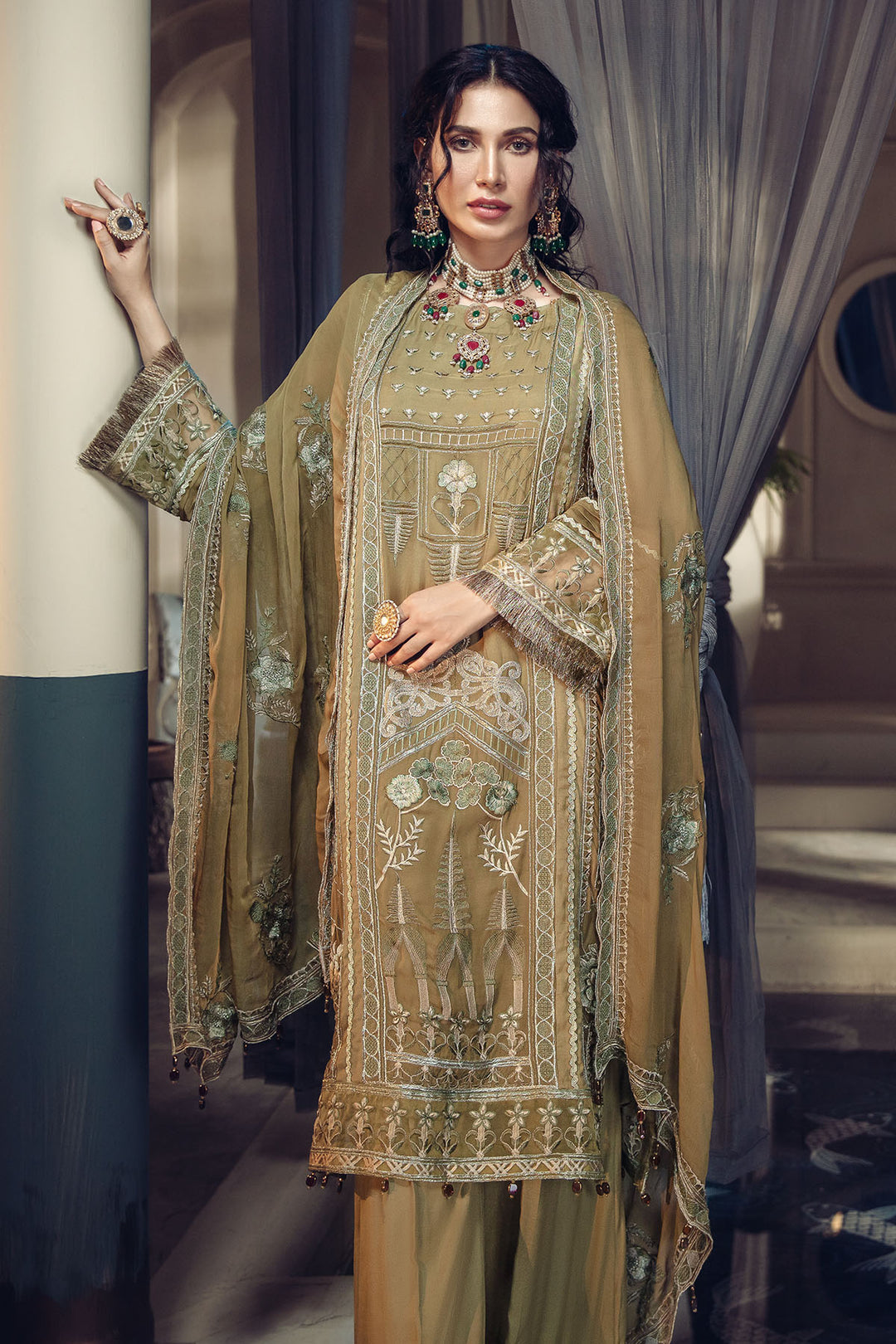 2641-FAWN EMBROIDERED BEMBERG CHIFFON UNSTITCHED