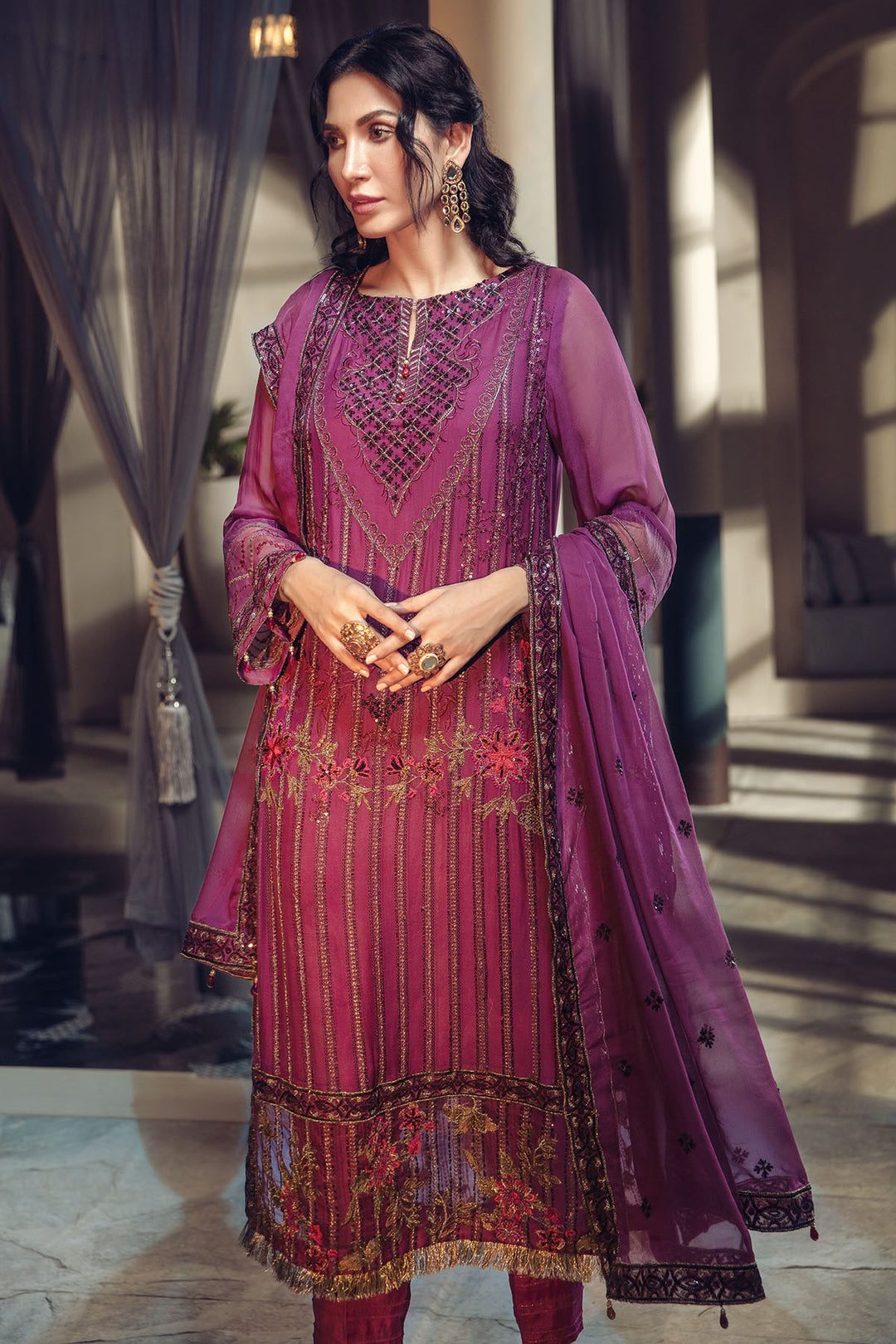 2638-VIOLET-BLUE EMBROIDERED BEMBERG CHIFFON UNSTITCHED