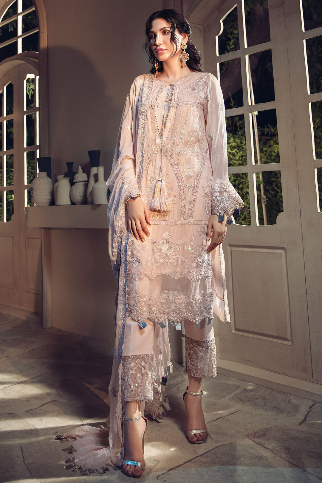 2642-PEONY-PINK EMBROIDERED BEMBERG CHIFFON UNSTITCHED
