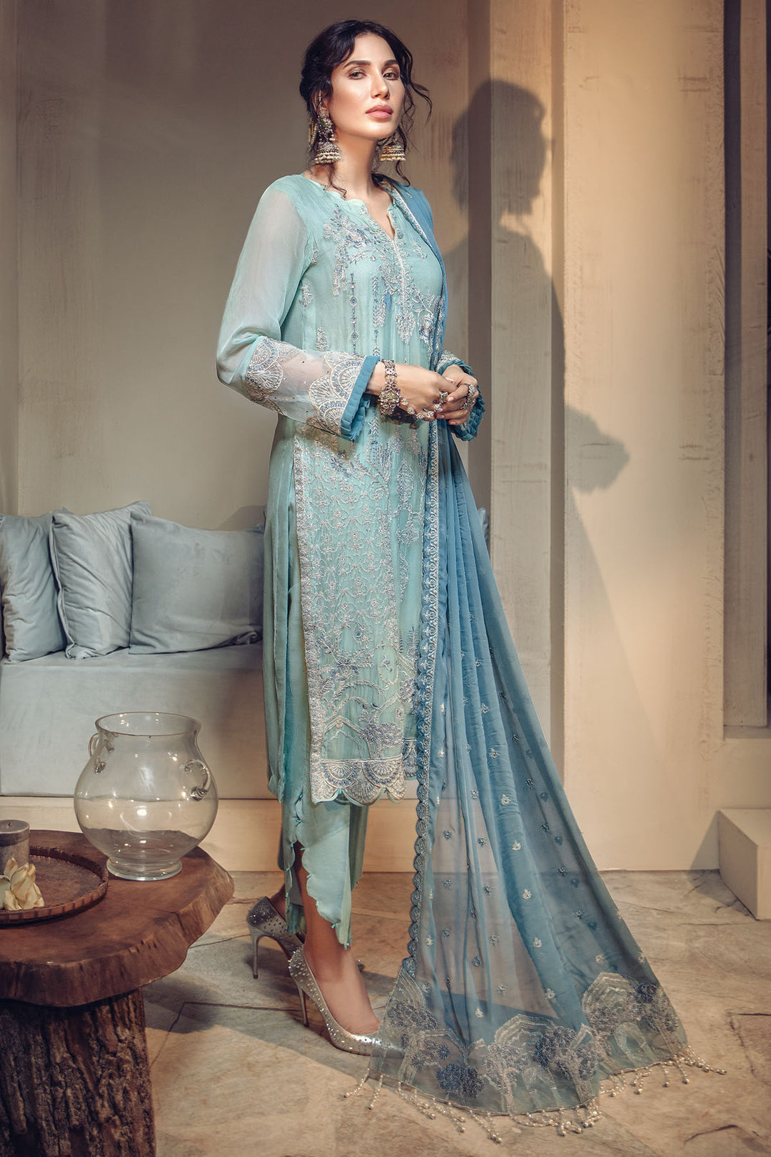 2640-BLUE-ROMANCE EMBROIDERED BEMBERG CHIFFON UNSTITCHED