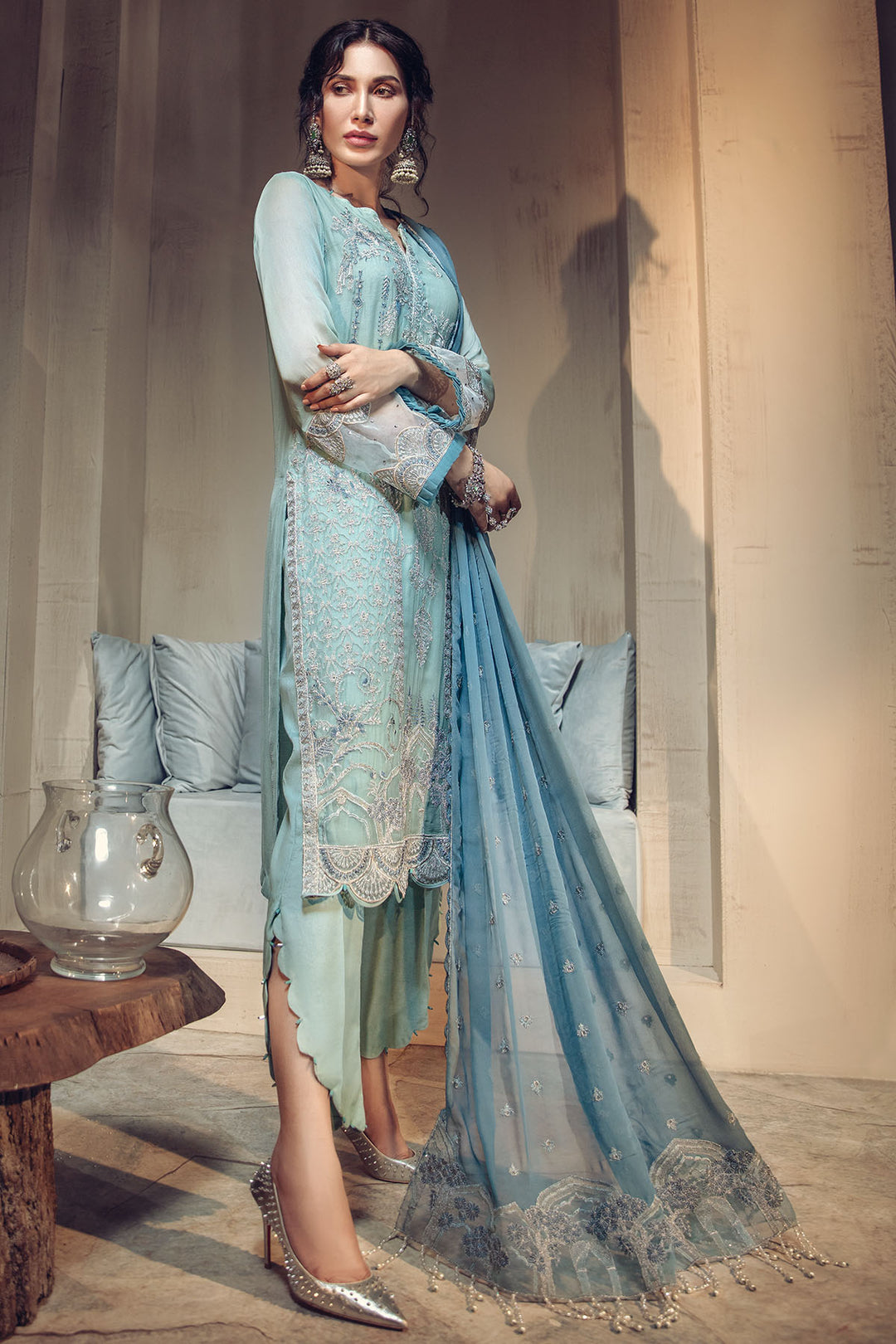 2640-BLUE-ROMANCE EMBROIDERED BEMBERG CHIFFON UNSTITCHED