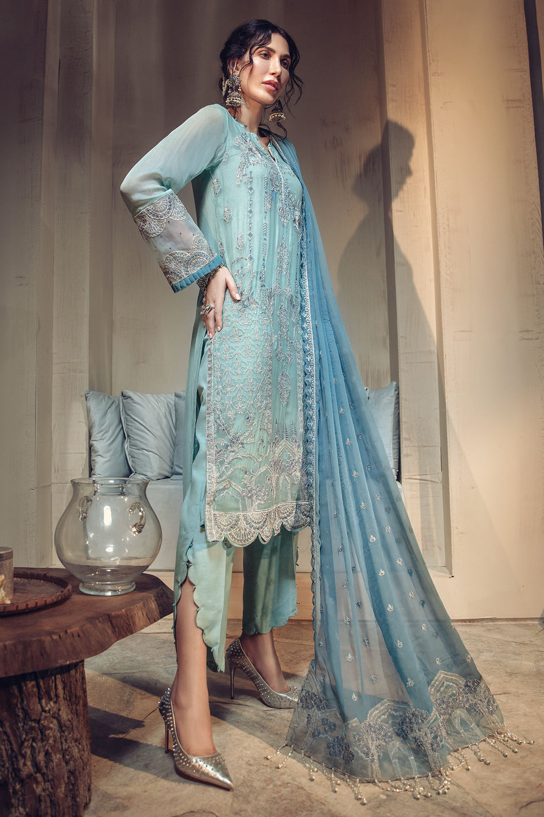 2640-BLUE-ROMANCE EMBROIDERED BEMBERG CHIFFON UNSTITCHED