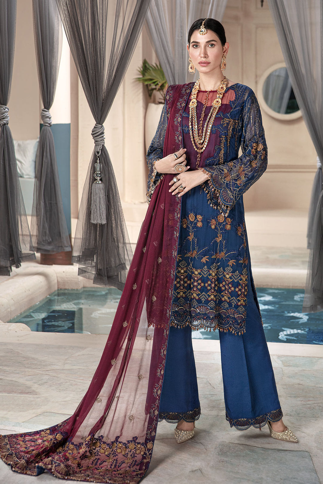2577-POLO-BLUE EMBROIDERED BEMBERG CHIFFON UNSTITCHED