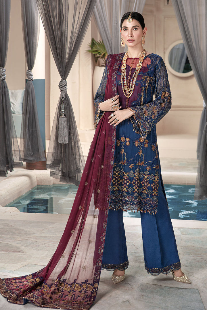 2577-POLO-BLUE EMBROIDERED BEMBERG CHIFFON UNSTITCHED