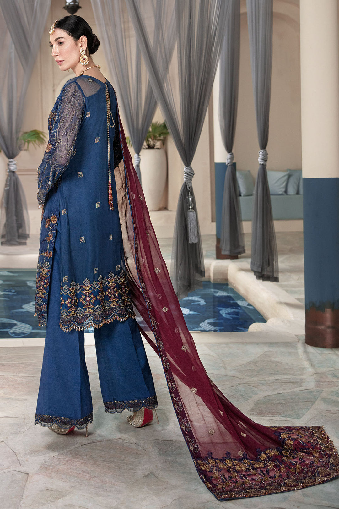 2577-POLO-BLUE EMBROIDERED BEMBERG CHIFFON UNSTITCHED