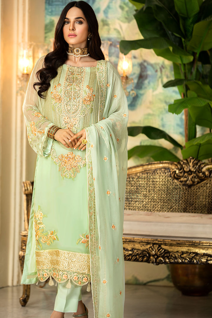 2330-SUMMER-GREEN EMBROIDERED BEMBERG CHIFFON UNSTITCHED