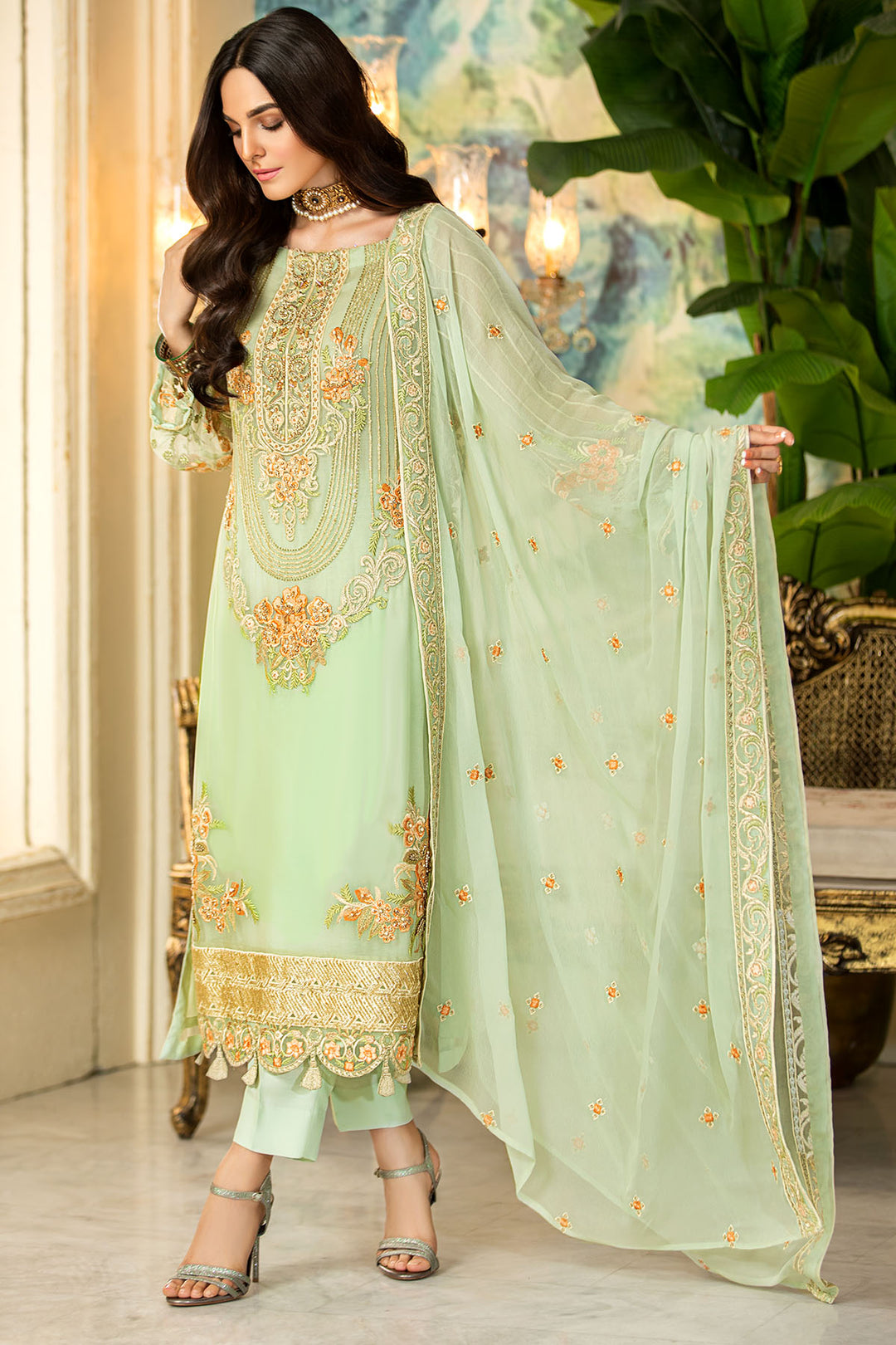 2330-SUMMER-GREEN EMBROIDERED BEMBERG CHIFFON UNSTITCHED