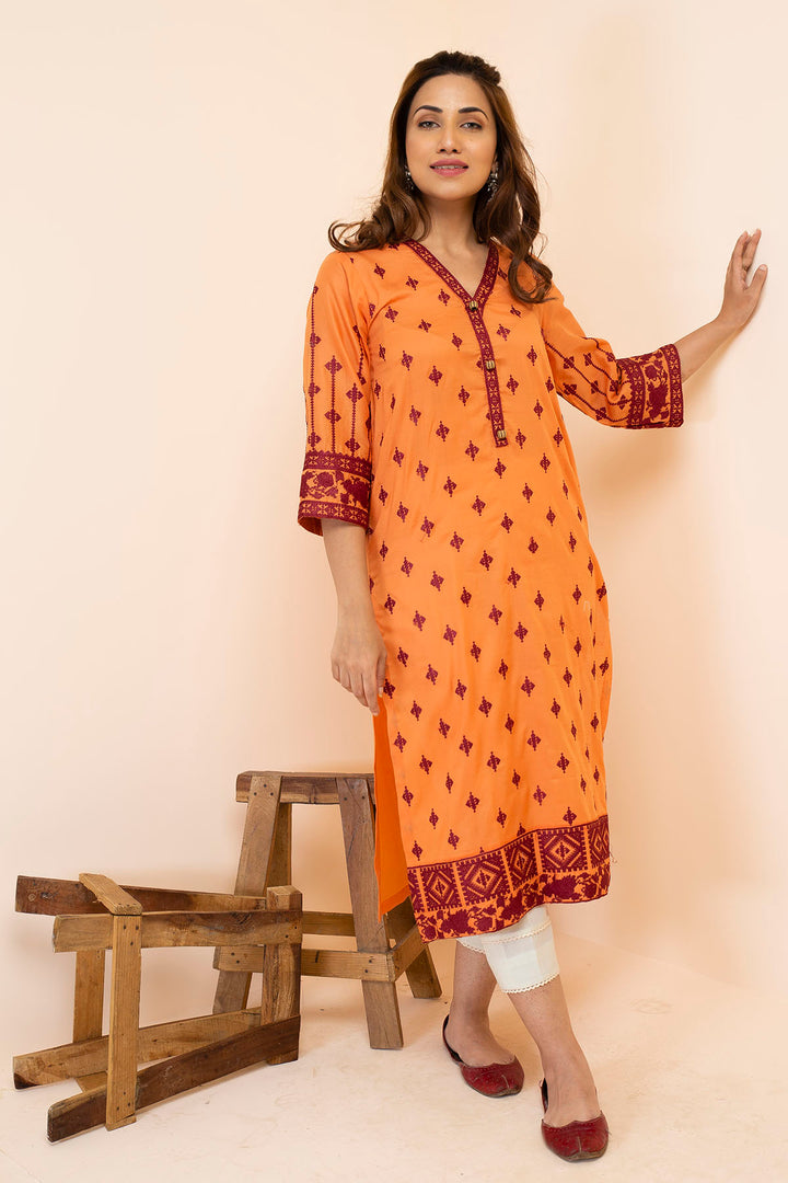 2497-FRINGE-ORANGE EMBROIDERED LAWN STITCHED