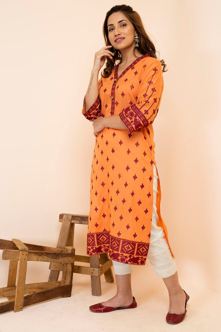 2497-FRINGE-ORANGE EMBROIDERED LAWN STITCHED