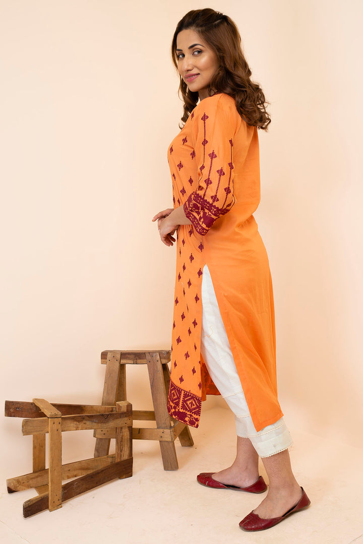 2497-FRINGE-ORANGE EMBROIDERED LAWN STITCHED