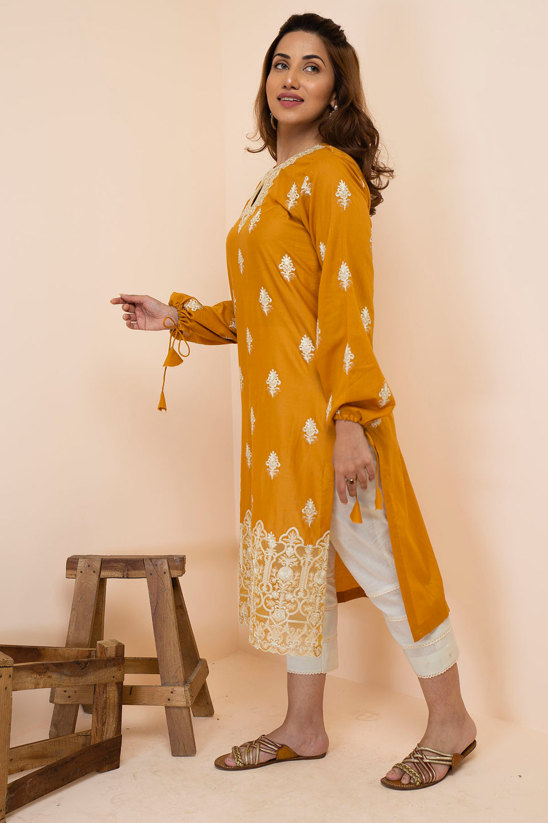 2498-MUSTARD-FIRE EMBROIDERED LAWN STITCHED