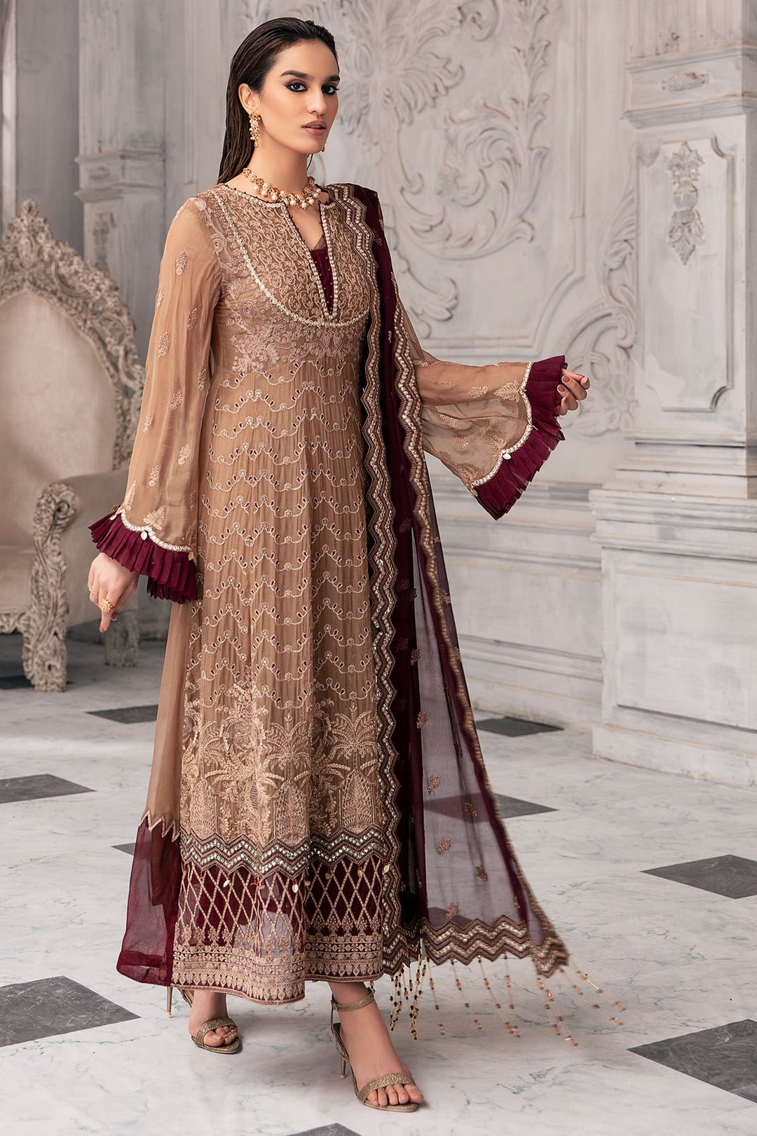 2651-IRISH-COFFEE EMBROIDERED BEMBERG CHIFFON UNSTITCHED
