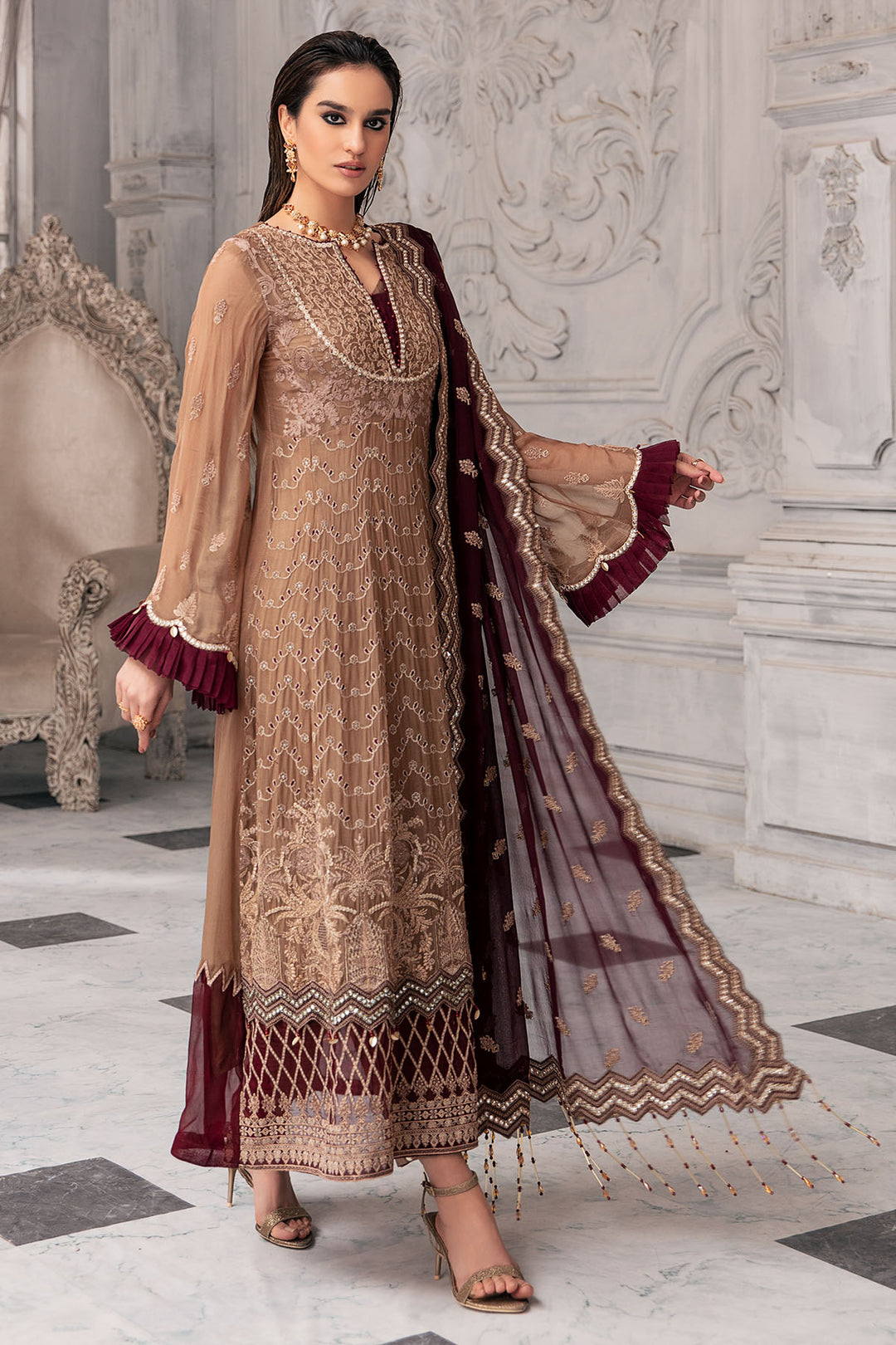 2651-IRISH-COFFEE EMBROIDERED BEMBERG CHIFFON UNSTITCHED