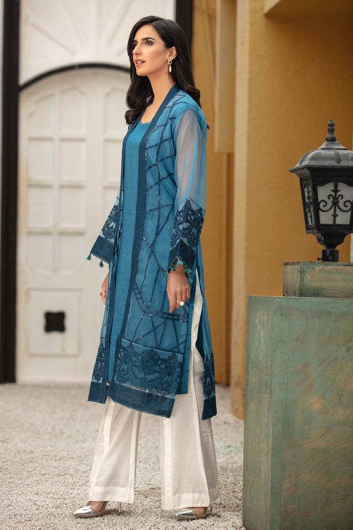 2687-AQUA-CREAMY EMBROIDERED ORGANZA STITCHED