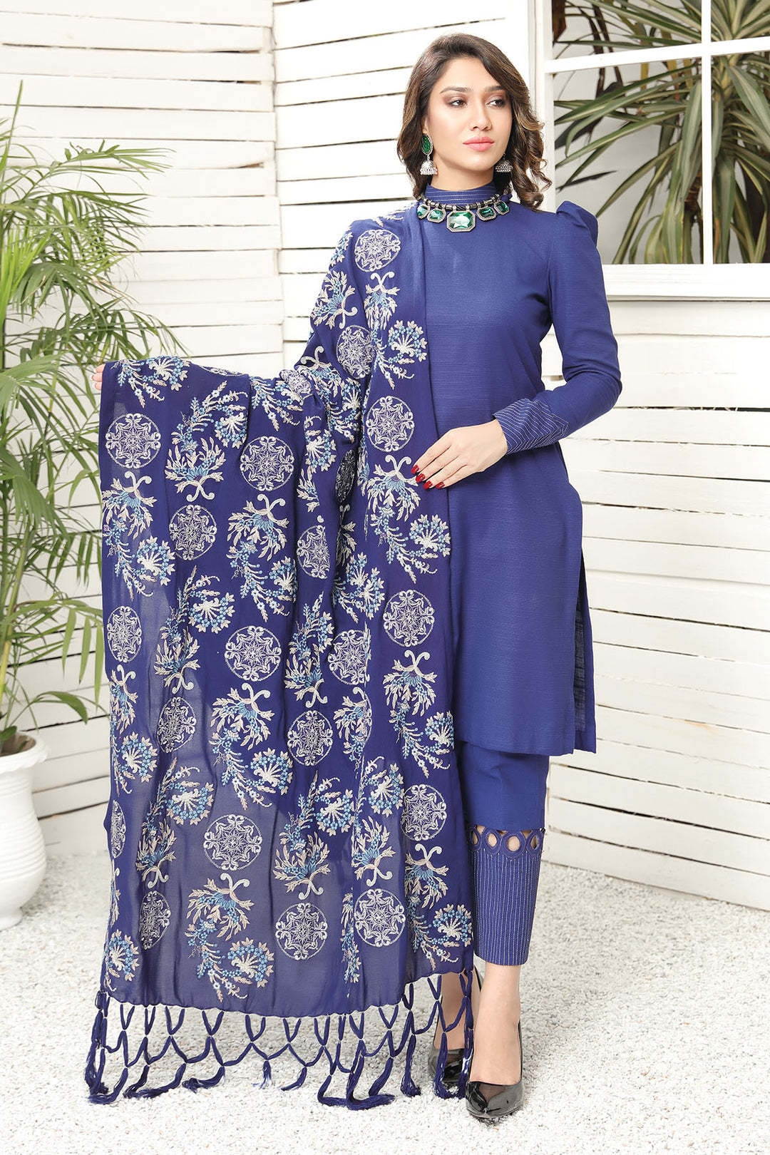 2740-BLUE-SENSATION EMBROIDERED WOOL SHAWL UNSTITCHED