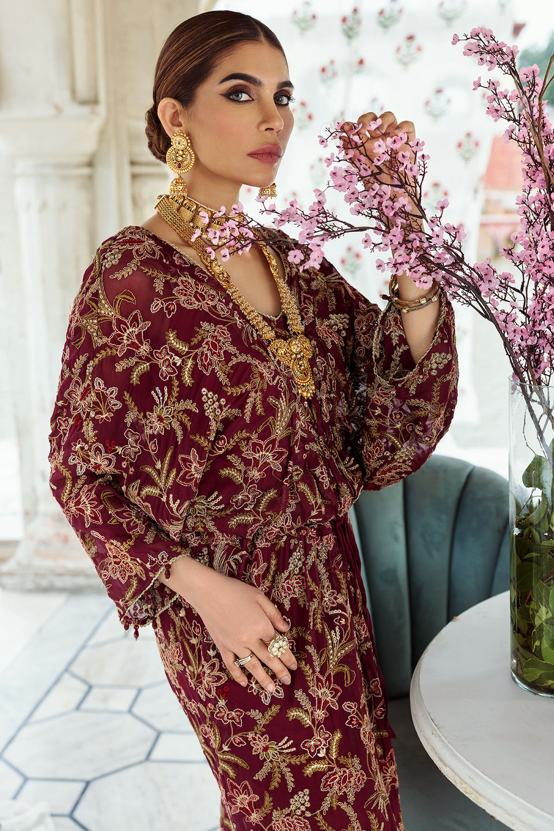 2773-MAROON EMBROIDERED CHIFFON FABRIC