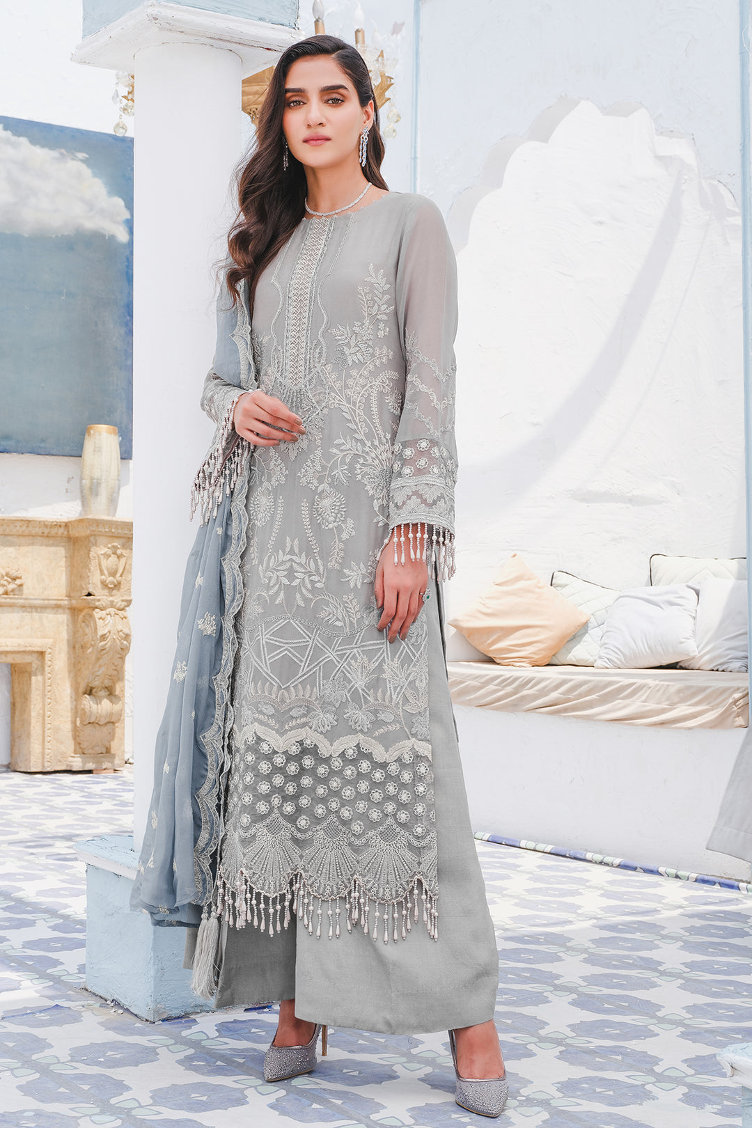 2913-VINTAGE-STONE EMBROIDERED BEMBERG CHIFFON UNSTITCHED