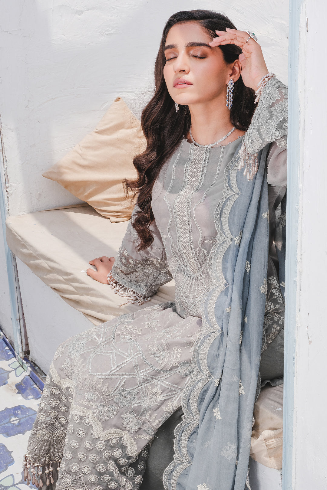 2913-VINTAGE-STONE EMBROIDERED BEMBERG CHIFFON UNSTITCHED
