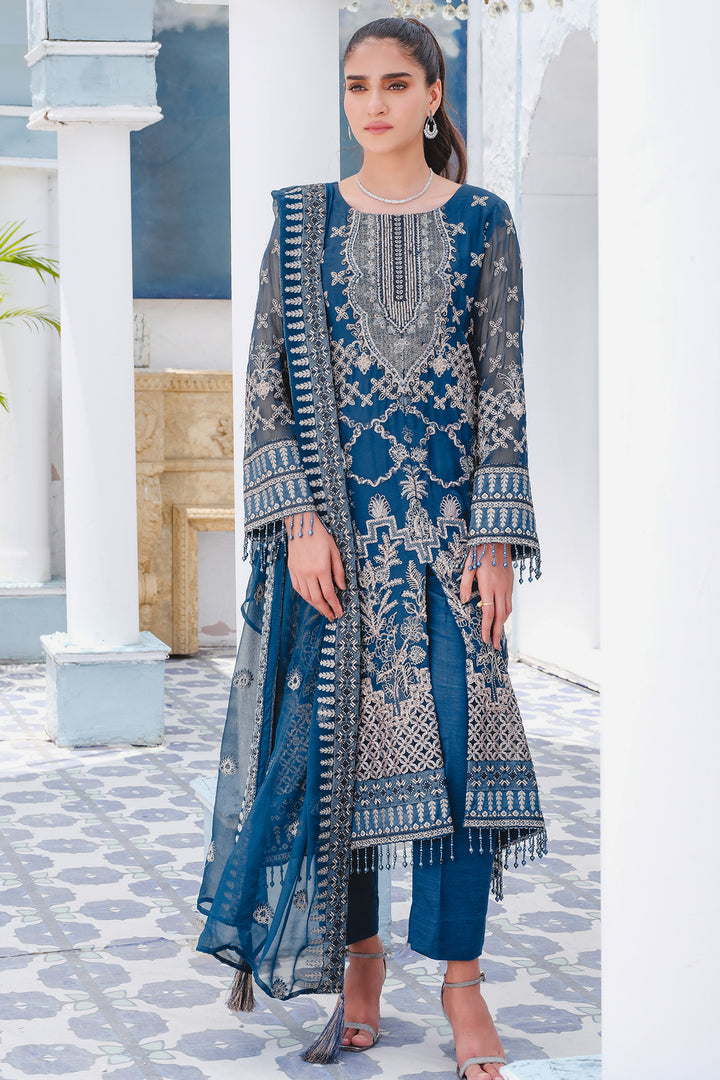 2914-CHINESE-BLUE EMBROIDERED BEMBERG CHIFFON UNSTITCHED