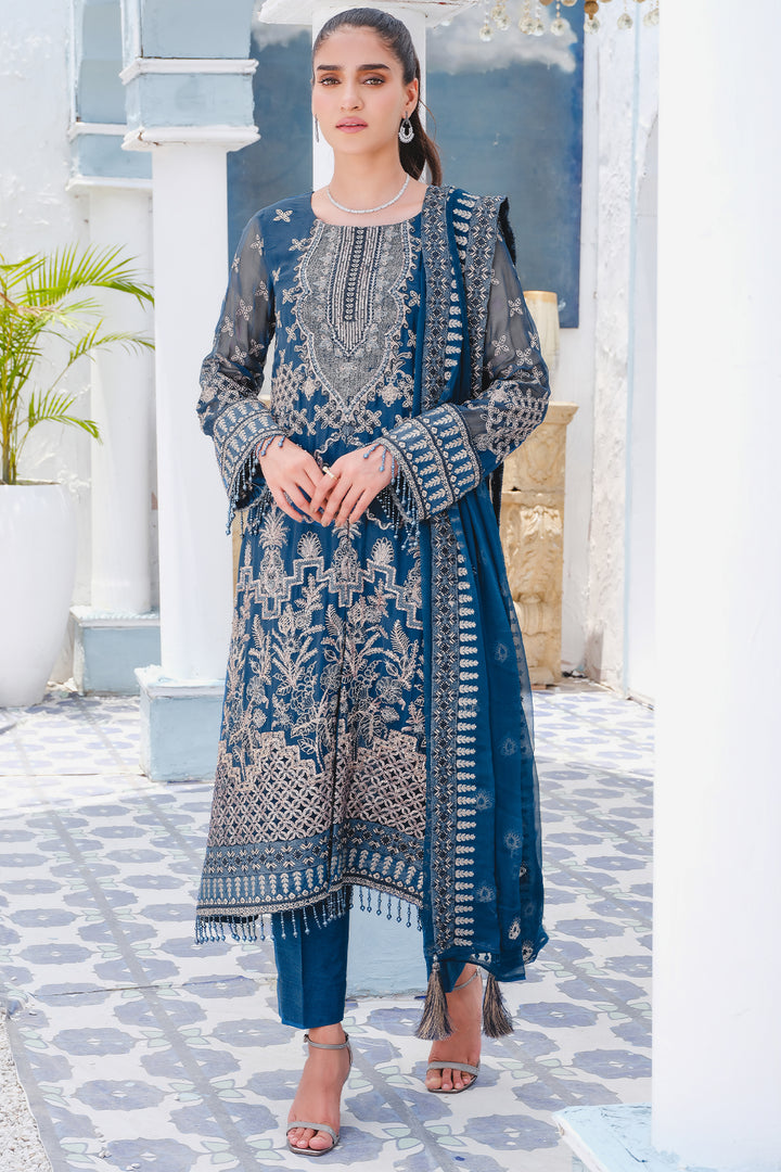 2914-CHINESE-BLUE EMBROIDERED BEMBERG CHIFFON UNSTITCHED