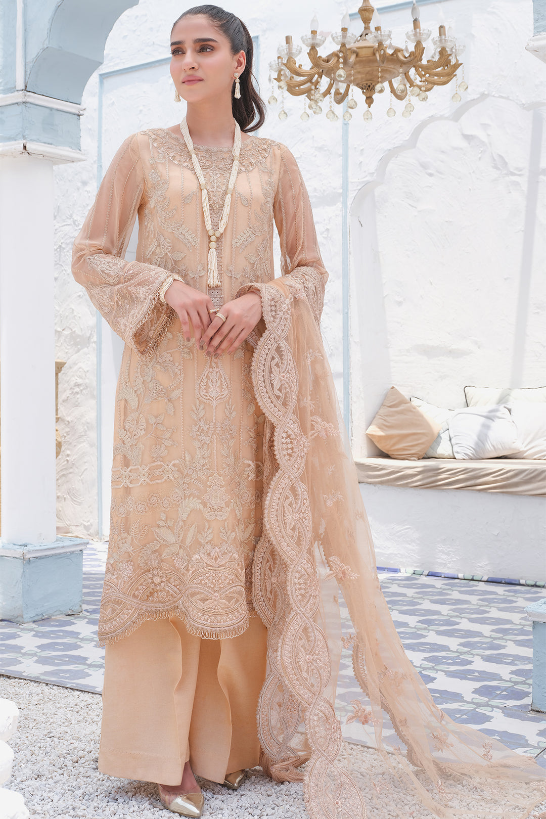 2915-ROSE-BEIGE EMBROIDERED BEMBERG CHIFFON UNSTITCHED