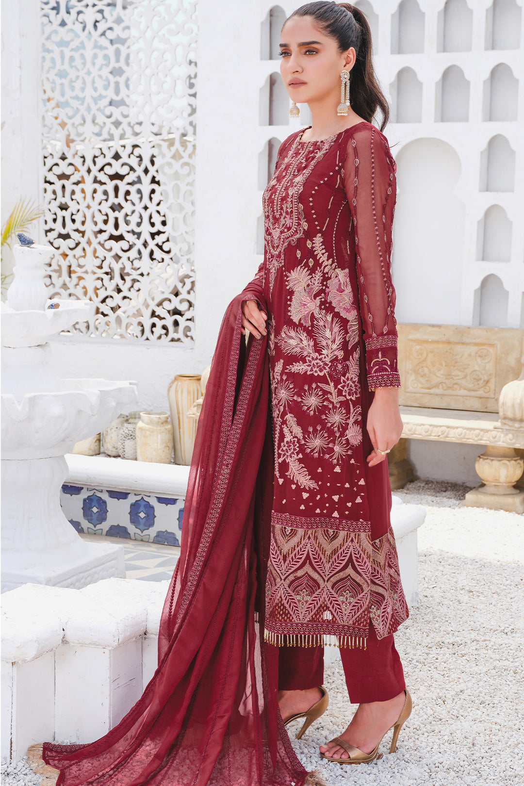 2916-CHERRY-COBBLER EMBROIDERED BEMBERG CHIFFON UNSTITCHED