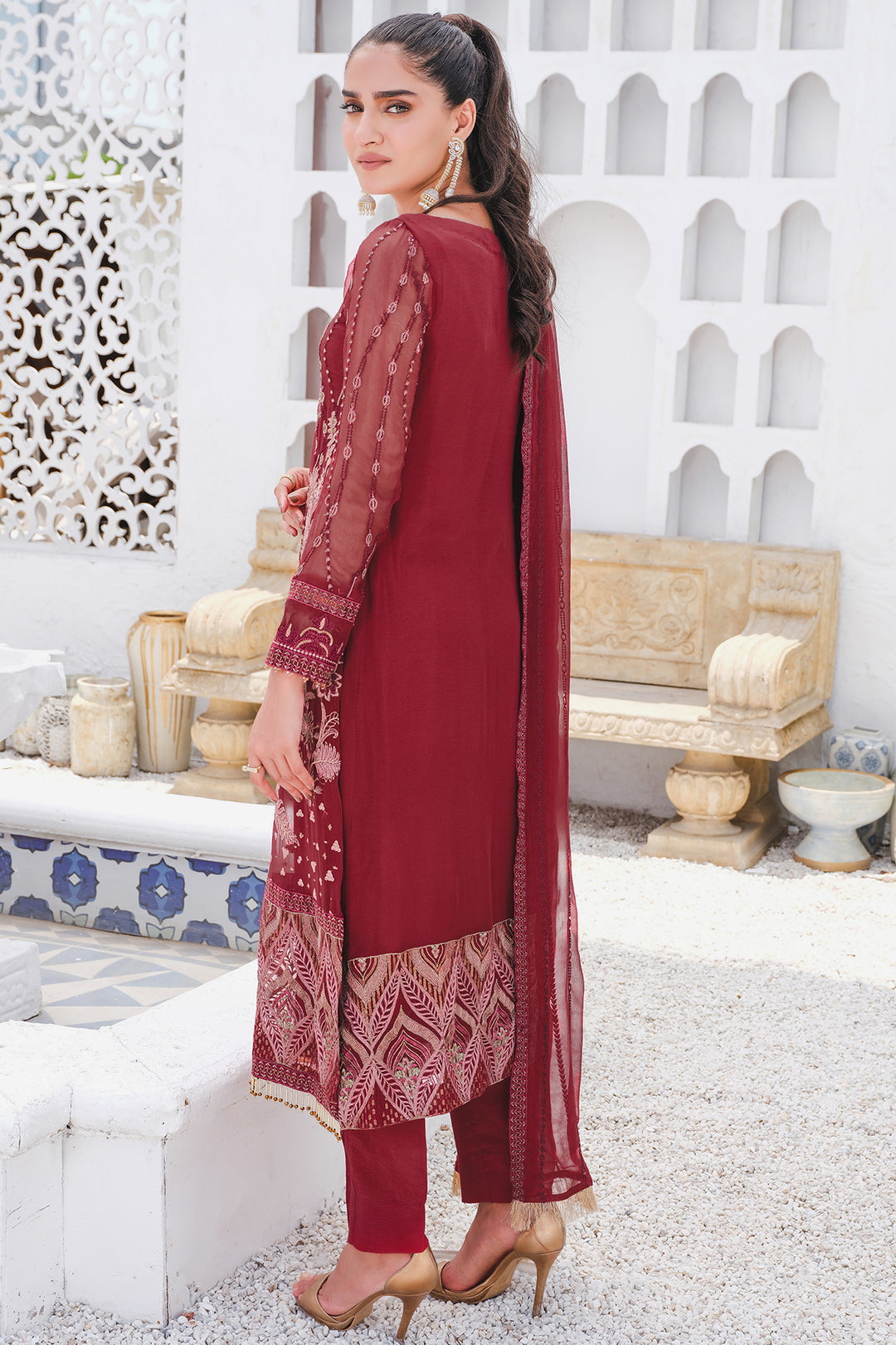 2916-CHERRY-COBBLER EMBROIDERED BEMBERG CHIFFON UNSTITCHED