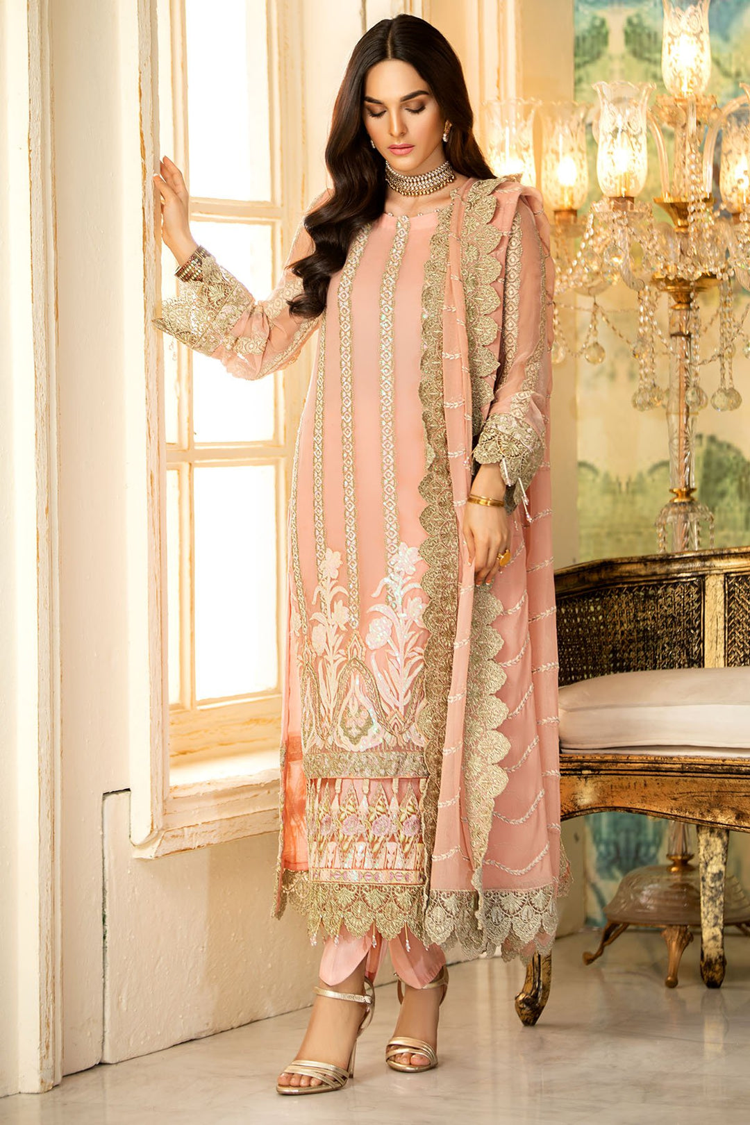 3002-PINK-FLARE EMBROIDERED BEMBERG CHIFFON UNSTITCHED