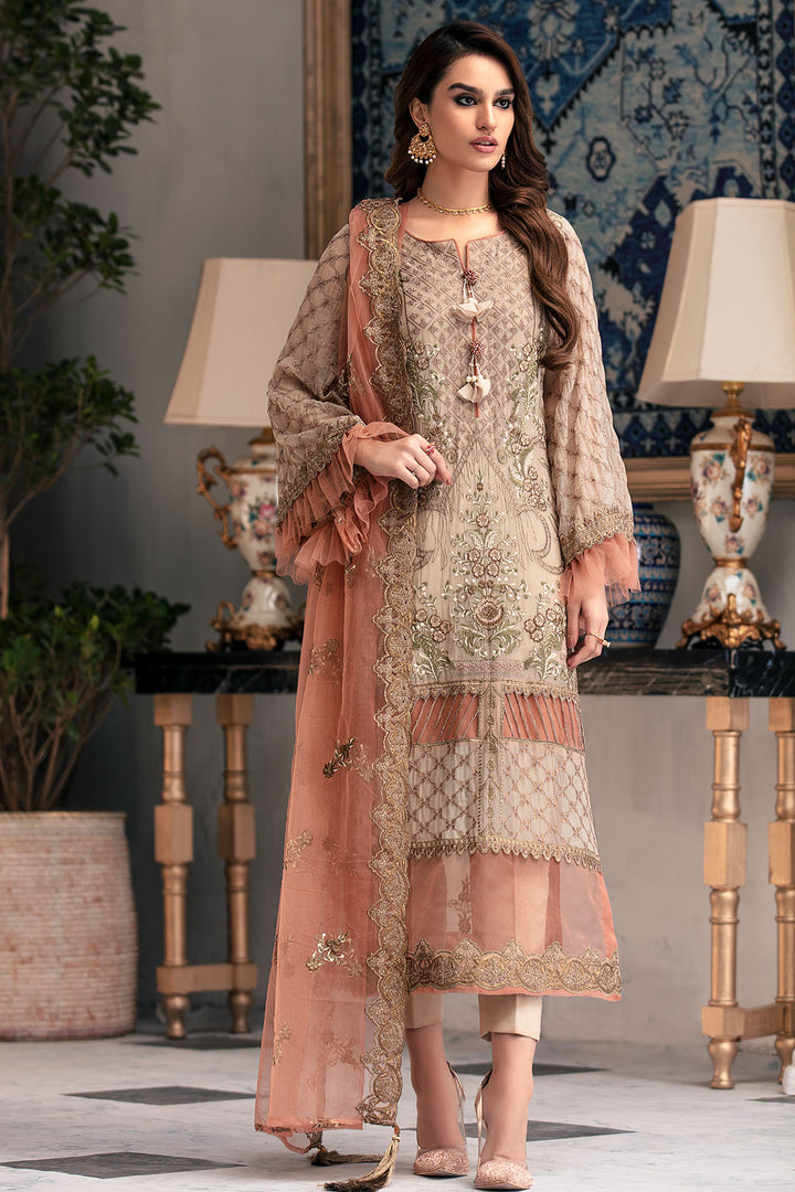 3007-TOFFEE-CRUNCH EMBROIDERED BEMBERG CHIFFON UNSTITCHED