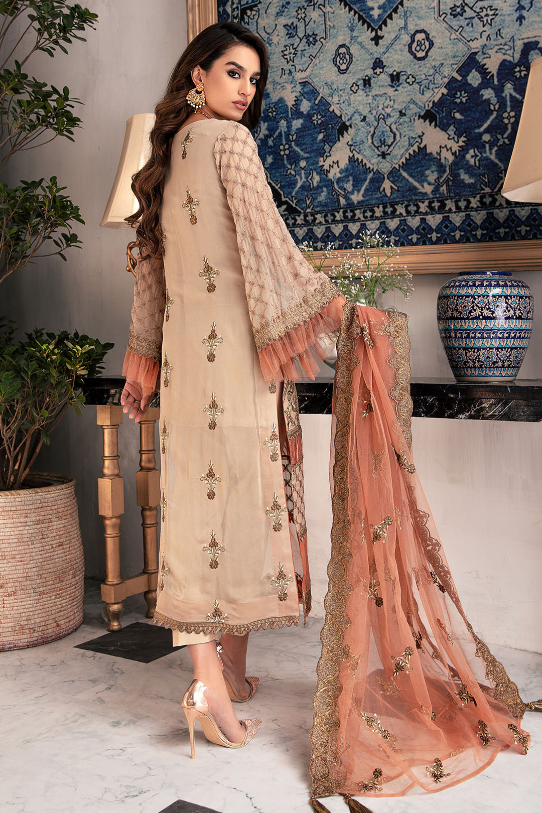 3007-TOFFEE-CRUNCH EMBROIDERED BEMBERG CHIFFON UNSTITCHED