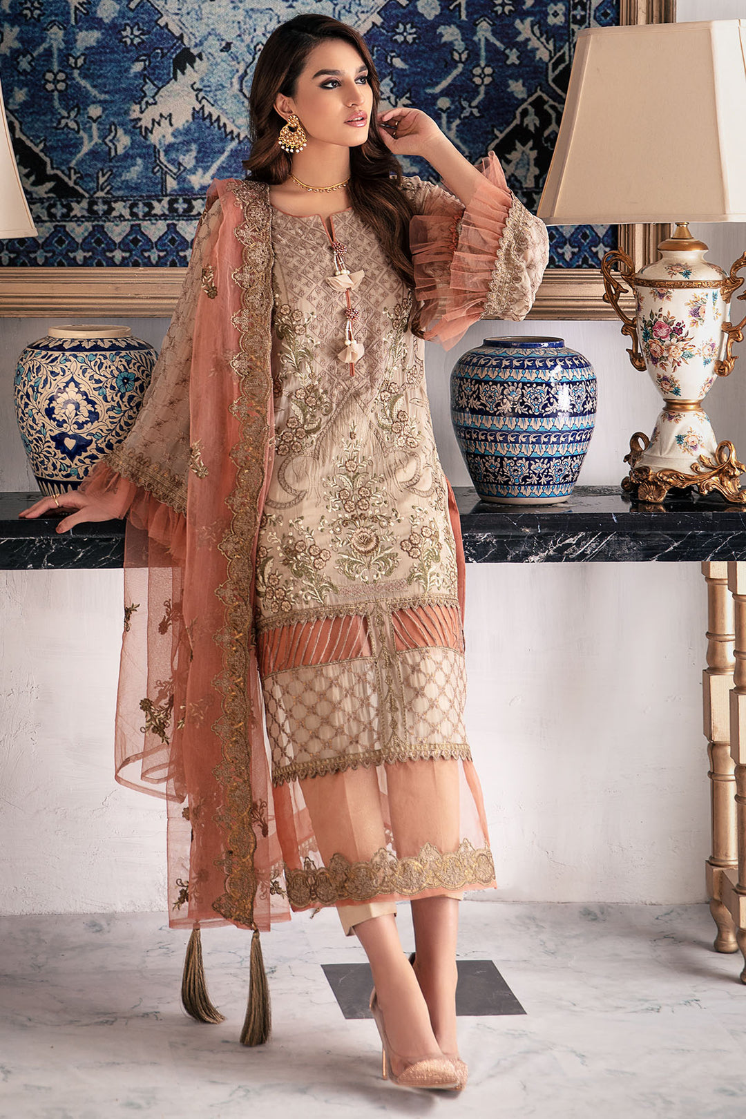 3007-TOFFEE-CRUNCH EMBROIDERED BEMBERG CHIFFON UNSTITCHED