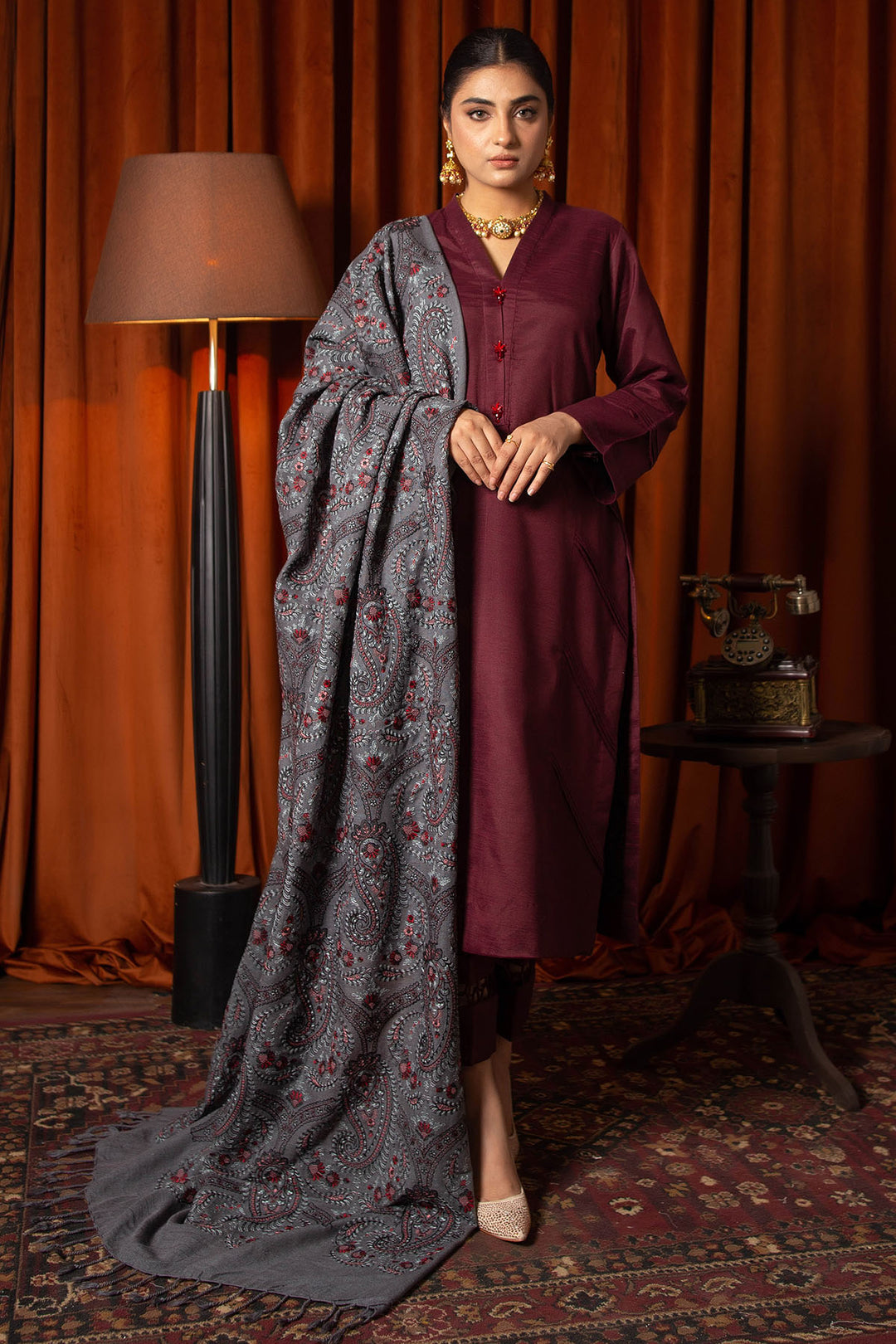 3088-ELINOR EMBROIDERED BLEND WOOL SHAWL UNSTITCHED