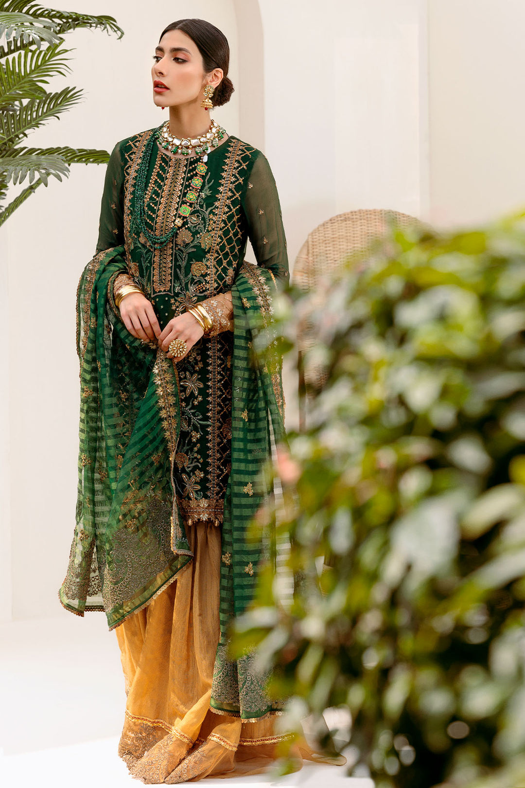 3194-GARDEN-GREEN EMBROIDERED BEMBERG CHIFFON UNSTITCHED