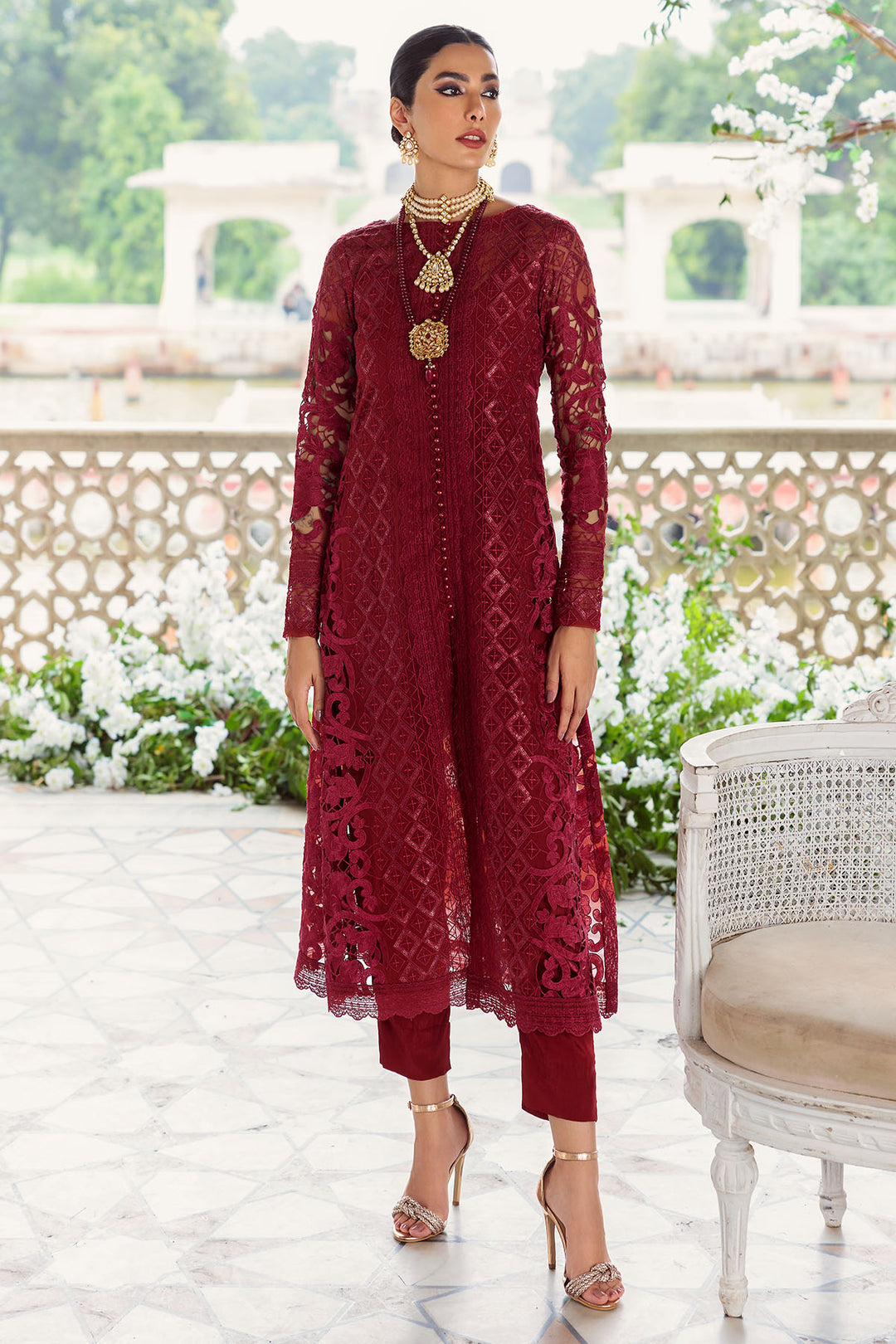 3217-MAROON EMBROIDERED ORGANZA FABRIC