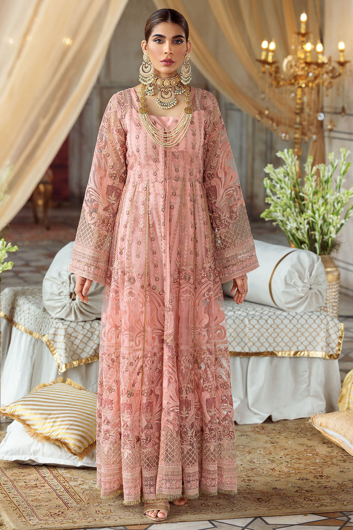 3222-PEACH EMBROIDERED SILK NET FABRIC