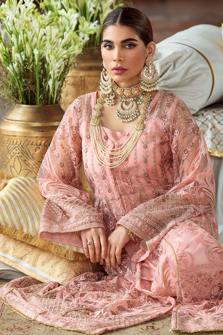 3222-PEACH EMBROIDERED SILK NET FABRIC