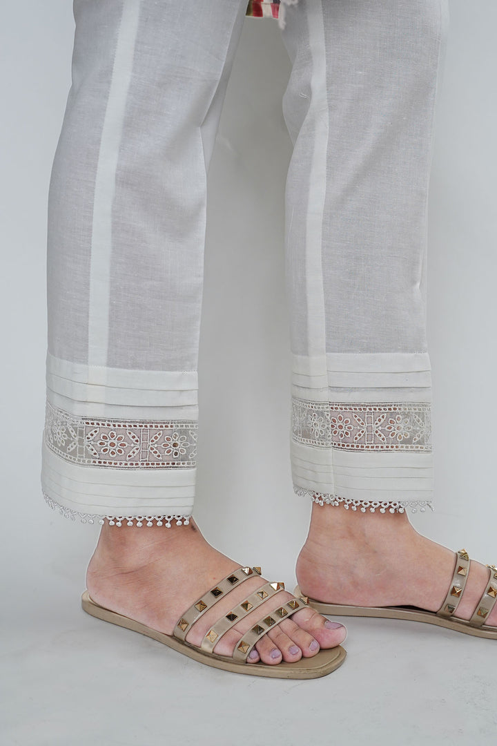3368-WHITE EMBROIDERED TROUSER STITCHED