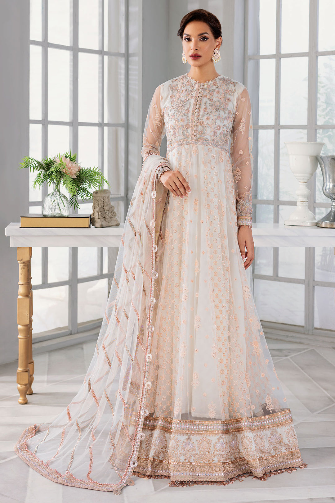 3393-FREESIA EMBROIDERED SILK NET STITCHED
