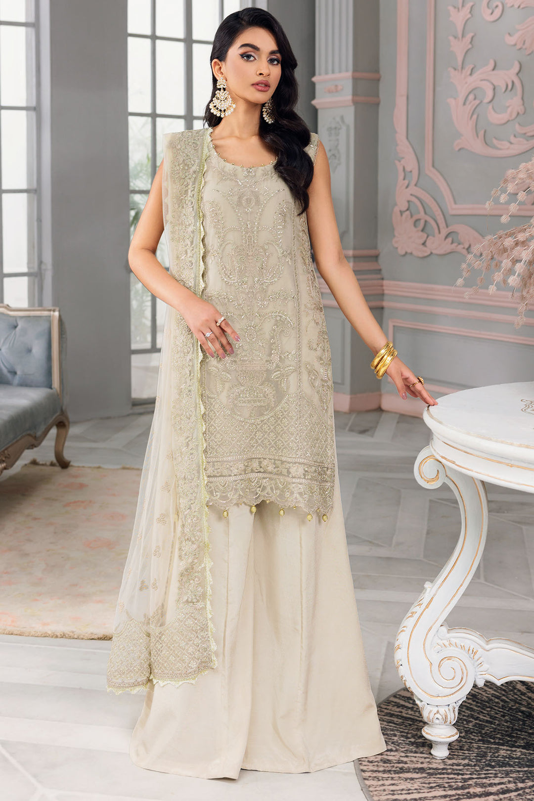3400-ROSE-SHELL EMBROIDERED BEMBERG CHIFFON UNSTITCHED