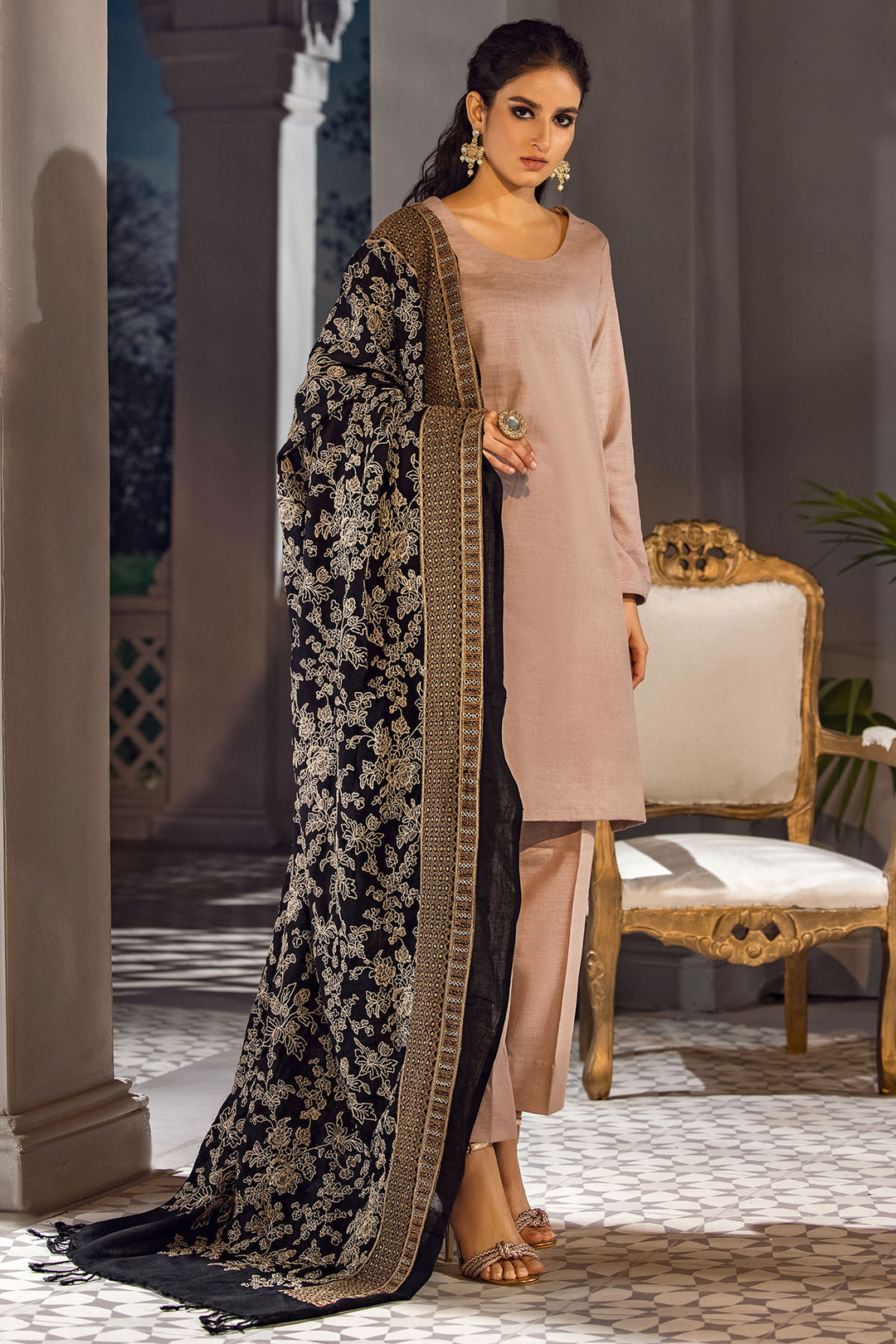 3416-ROSE-PETAL EMBROIDERED PASHMINA BLEND SHAWL UNSTITCHED
