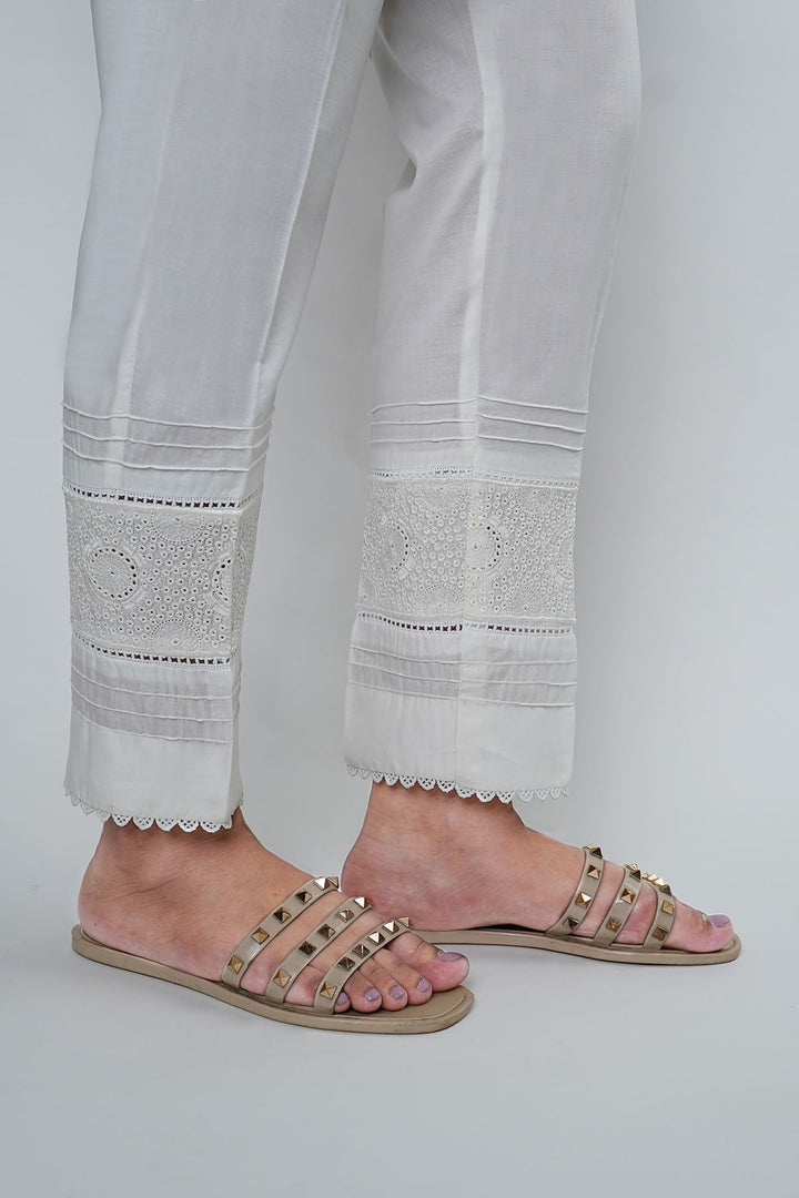 3668-WHITE EMBROIDERED COTTON TROUSER STITCHED