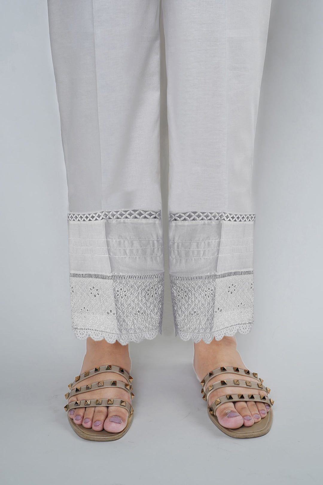 3674-WHITE EMBROIDERED TROUSER STITCHED