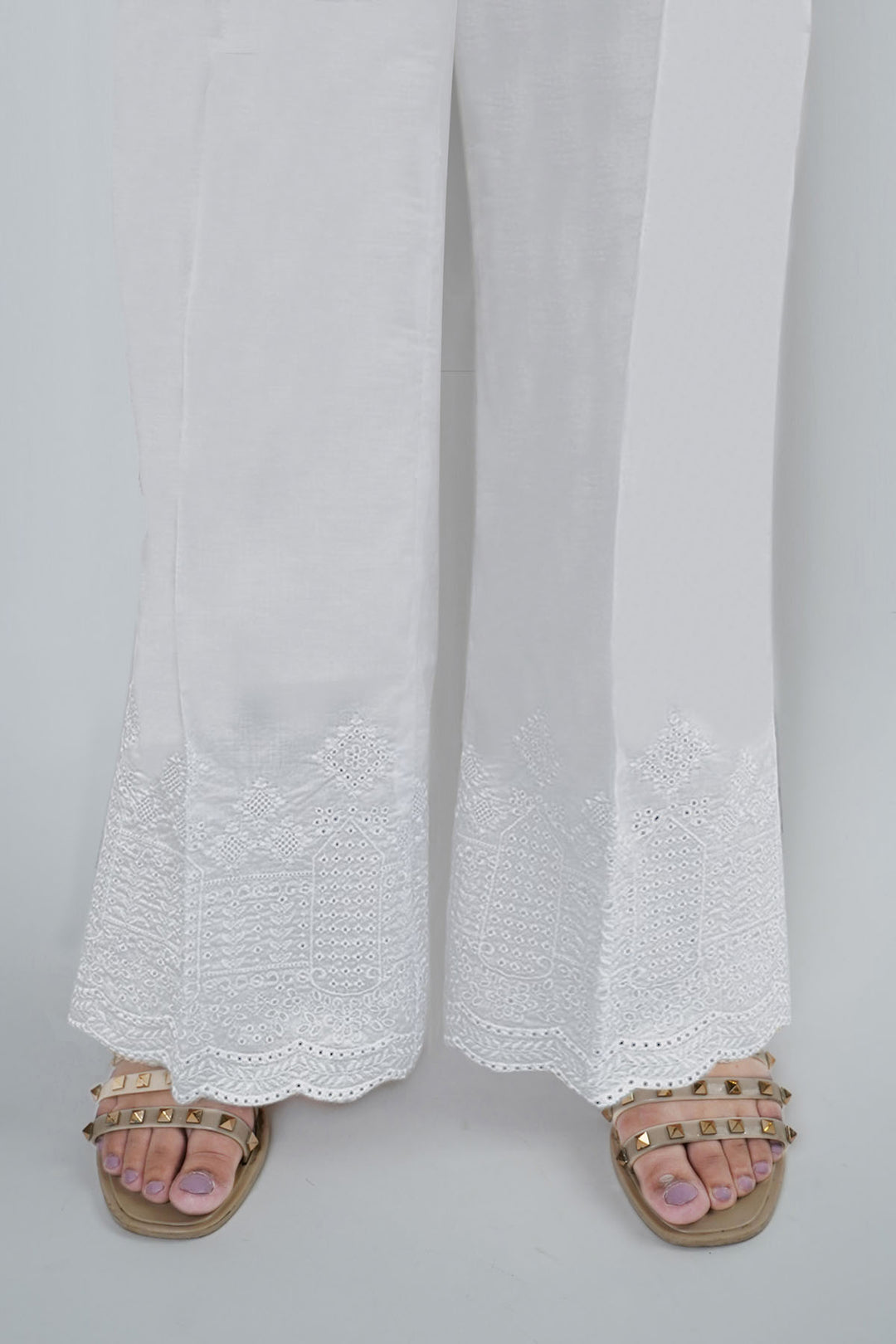 3679-WHITE EMBROIDERED TROUSER STITCHED