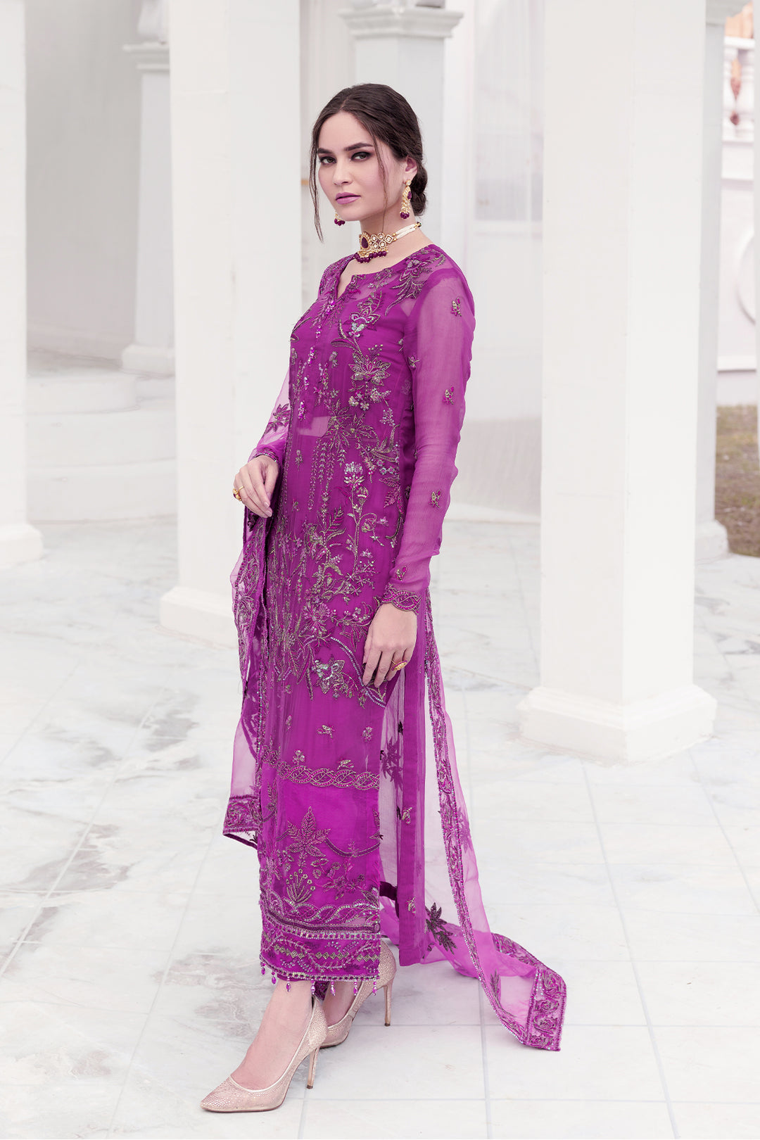 3464-KESAR EMBROIDERED BEMBERG CHIFFON UNSTITCHED