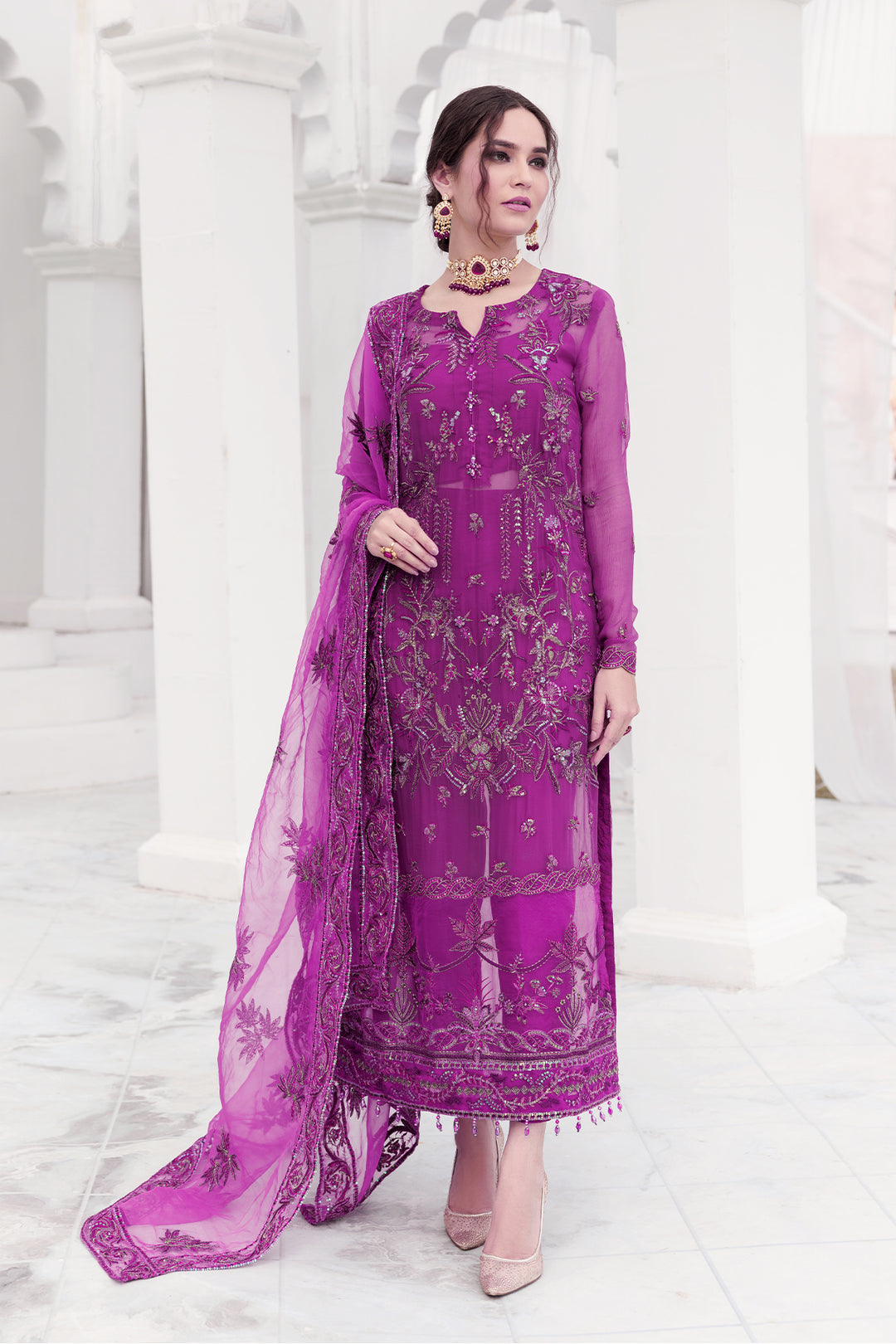 3464-KESAR EMBROIDERED BEMBERG CHIFFON UNSTITCHED