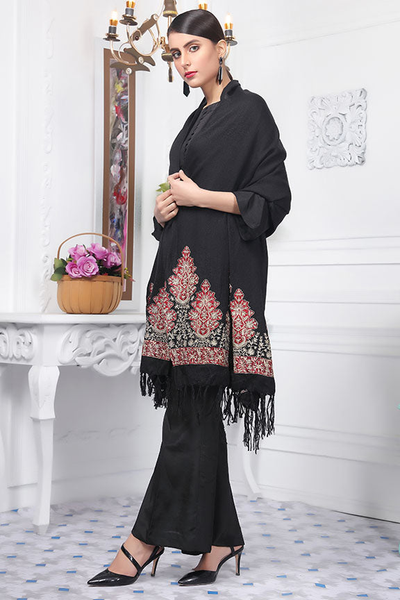 2414-BLACK EMBROIDERED WOOL SHAWL