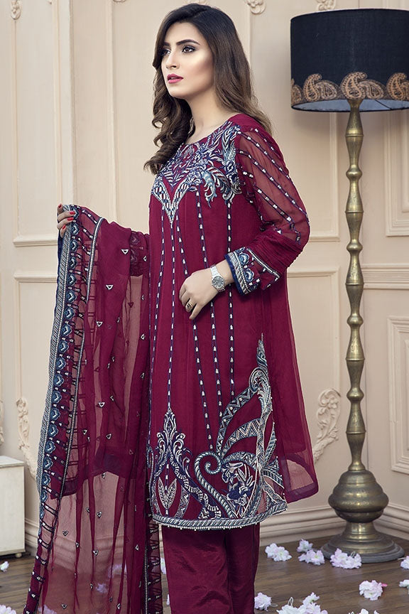 1029-MAROON EMBROIDERED CRINKLE CHIFFON STITCHED