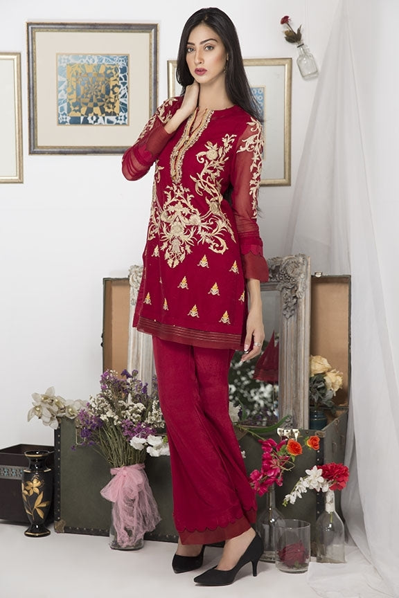 1740-MAROON EMBROIDERED COTTON NET STITCHED