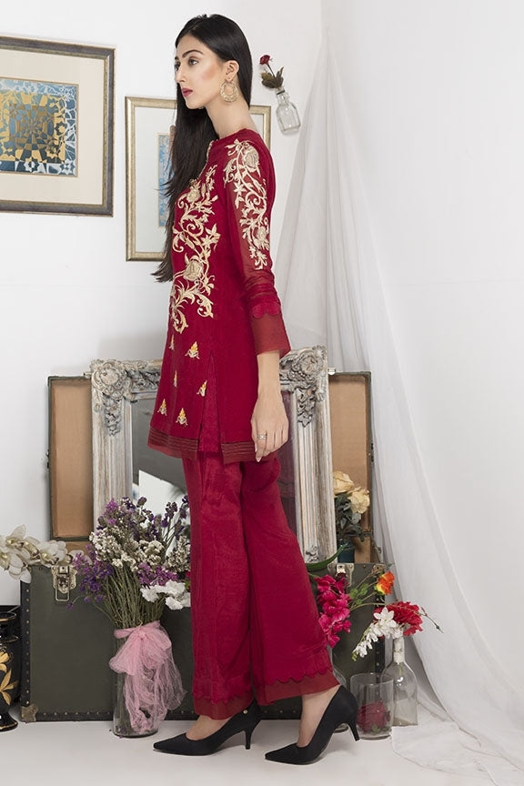 1740-MAROON EMBROIDERED COTTON NET STITCHED