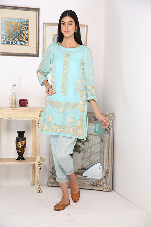 1746-SKY-BLUE EMBROIDERED COTTON NET STITCHED